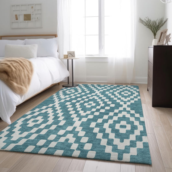 HomeRoots 9' X 12' Teal and Ivory Geometric Area Rug - Durable, Stain-Resistant with UV Protection for Homes 670843