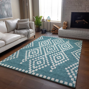 HomeRoots 9' X 12' Teal and Ivory Geometric Area Rug - Durable, Stain-Resistant with UV Protection for Homes 670843