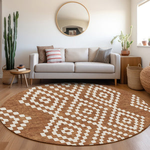 HomeRoots 8' Terra Cotta & Ivory Geometric Washable Round Rug – Stylish, Stain-Resistant & UV Protected Design 670847