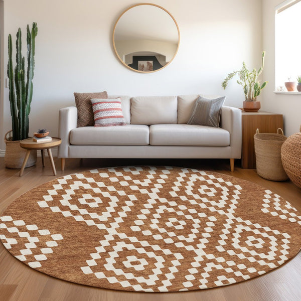 HomeRoots 8' Terra Cotta & Ivory Geometric Washable Round Rug – Stylish, Stain-Resistant & UV Protected Design 670847
