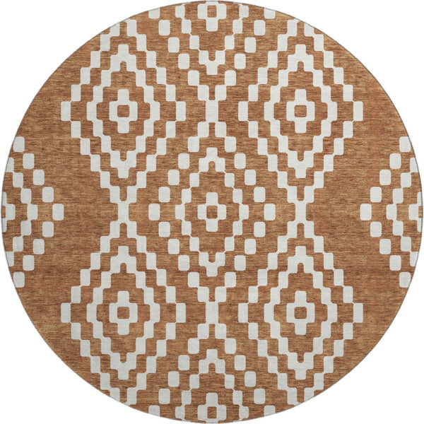 HomeRoots 8' Terra Cotta & Ivory Geometric Washable Round Rug – Stylish, Stain-Resistant & UV Protected Design 670847
