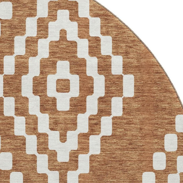 HomeRoots 8' Terra Cotta & Ivory Geometric Washable Round Rug – Stylish, Stain-Resistant & UV Protected Design 670847