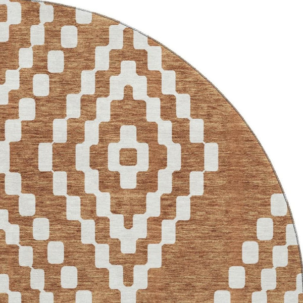 HomeRoots 8' Terra Cotta & Ivory Geometric Washable Round Rug – Stylish, Stain-Resistant & UV Protected Design 670847