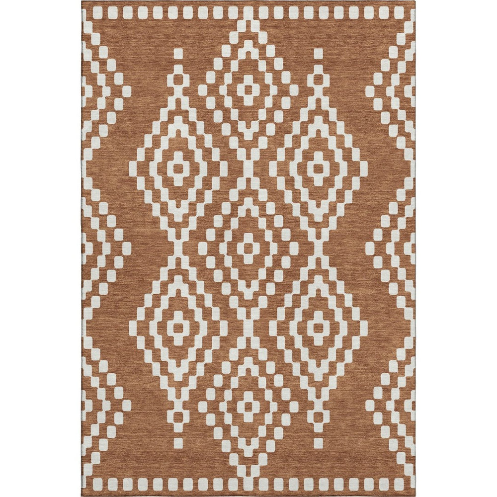 HomeRoots 9' X 12' Modern Terra Cotta and Ivory Geometric Area Rug - Washable, UV Protected, Durable Design 670849