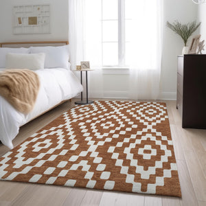 HomeRoots 10' X 14' Terra Cotta & Ivory Geometric Area Rug - Washable, Stain-Resistant, UV Protected Design! 670850