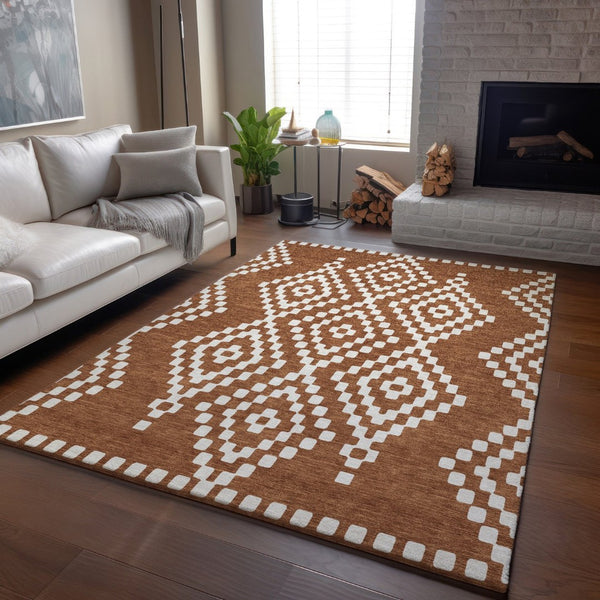 HomeRoots 10' X 14' Terra Cotta & Ivory Geometric Area Rug - Washable, Stain-Resistant, UV Protected Design! 670850