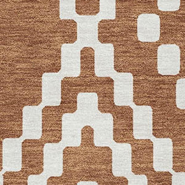 HomeRoots 10' X 14' Terra Cotta & Ivory Geometric Area Rug - Washable, Stain-Resistant, UV Protected Design! 670850
