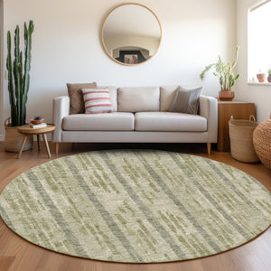 HomeRoots 8' Durable Artichoke Green & Beige Striped Washable Round Rug with UV Protection for Homes 670853