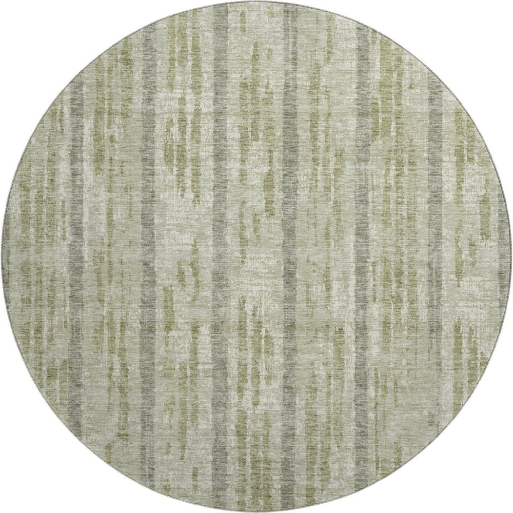 HomeRoots 8' Durable Artichoke Green & Beige Striped Washable Round Rug with UV Protection for Homes 670853