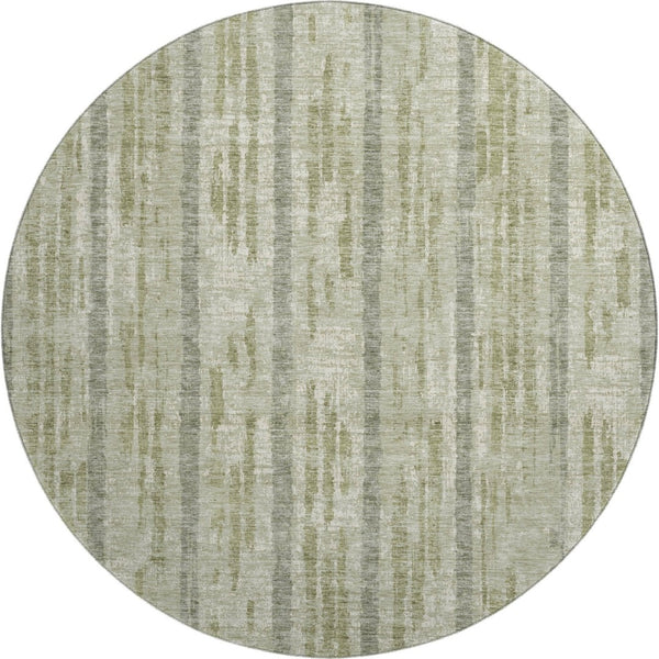 HomeRoots 8' Durable Artichoke Green & Beige Striped Washable Round Rug with UV Protection for Homes 670853