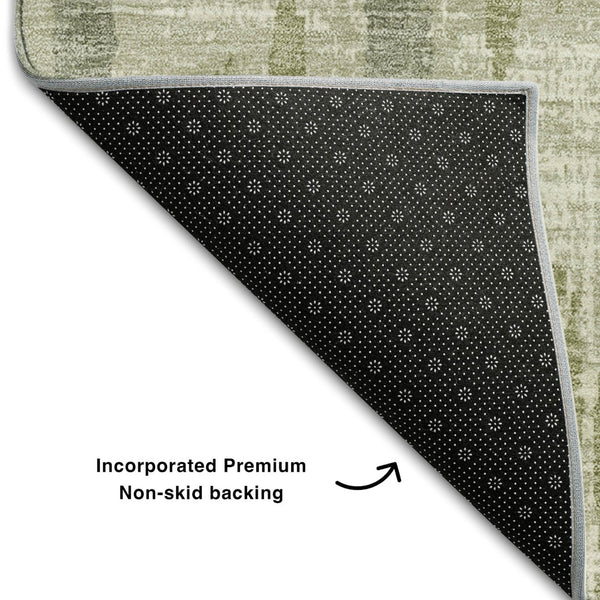 HomeRoots 8' Durable Artichoke Green & Beige Striped Washable Round Rug with UV Protection for Homes 670853