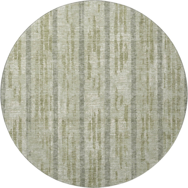 HomeRoots 8' Durable Artichoke Green & Beige Striped Washable Round Rug with UV Protection for Homes 670853