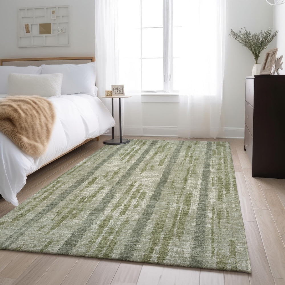 HomeRoots 8' X 10' Artichoke Green and Beige Striped Area Rug – Durable, Washable, UV-Protected for Homes 670854
