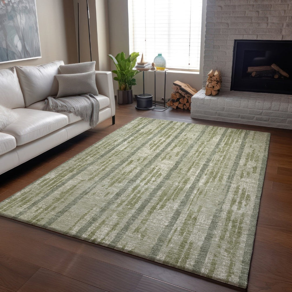 HomeRoots 8' X 10' Artichoke Green and Beige Striped Area Rug – Durable, Washable, UV-Protected for Homes 670854