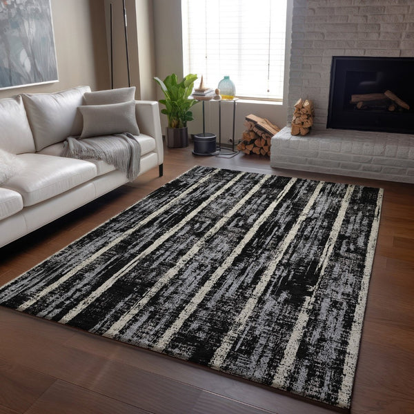 HomeRoots 5' Striped Area Rug in Black, Beige & Gray – Washable, UV Protected, Durable & Stylish for Any Space 670858
