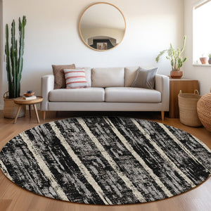 HomeRoots 8' Stylish Black, Beige & Gray Striped Washable Round Rug with UV Protection for Busy Homes 670859