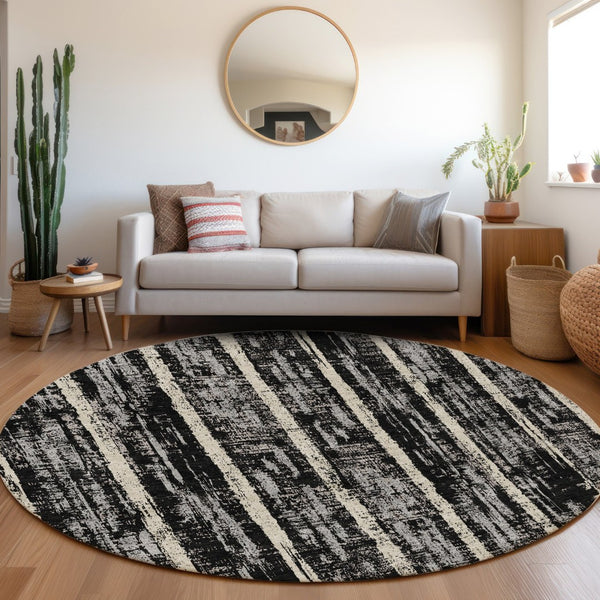HomeRoots 8' Stylish Black, Beige & Gray Striped Washable Round Rug with UV Protection for Busy Homes 670859