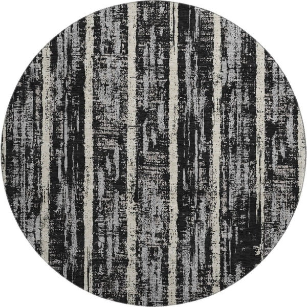 HomeRoots 8' Stylish Black, Beige & Gray Striped Washable Round Rug with UV Protection for Busy Homes 670859