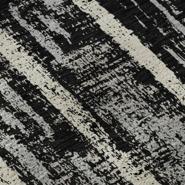 HomeRoots 8' Stylish Black, Beige & Gray Striped Washable Round Rug with UV Protection for Busy Homes 670859
