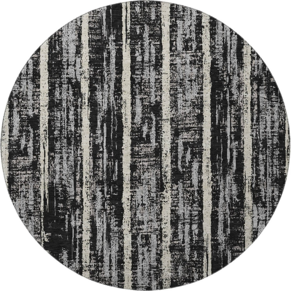 HomeRoots 8' Stylish Black, Beige & Gray Striped Washable Round Rug with UV Protection for Busy Homes 670859