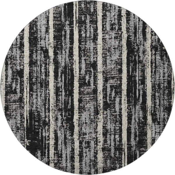 HomeRoots 8' Stylish Black, Beige & Gray Striped Washable Round Rug with UV Protection for Busy Homes 670859