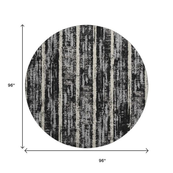 HomeRoots 8' Stylish Black, Beige & Gray Striped Washable Round Rug with UV Protection for Busy Homes 670859