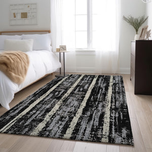 HomeRoots 8' X 10' Striped Area Rug in Black, Beige & Gray - Washable, UV-Protected, Durable & Stylish Design 670860
