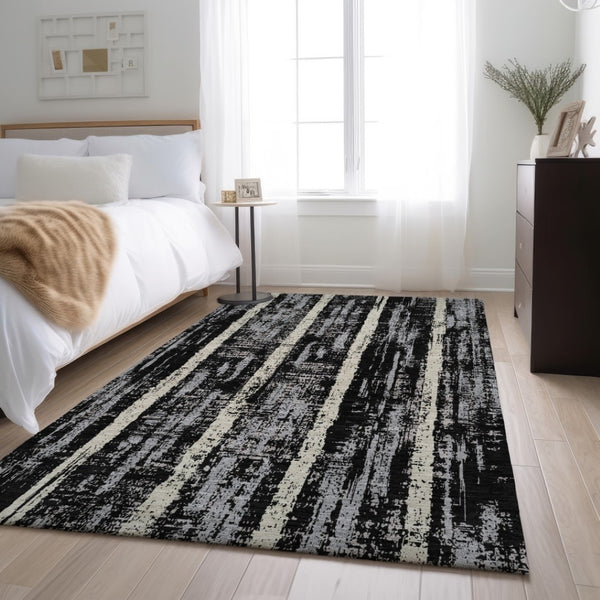 HomeRoots 8' X 10' Striped Area Rug in Black, Beige & Gray - Washable, UV-Protected, Durable & Stylish Design 670860