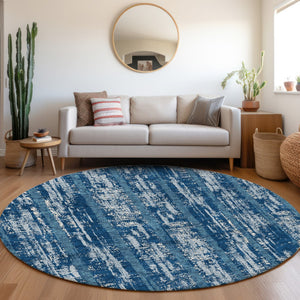 HomeRoots 8' Blue And Ivory Striped Round Rug - Washable, UV Protected, Ideal for Living Rooms and Patios 670865