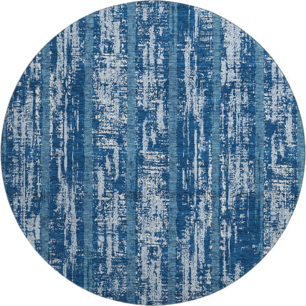 HomeRoots 8' Blue And Ivory Striped Round Rug - Washable, UV Protected, Ideal for Living Rooms and Patios 670865