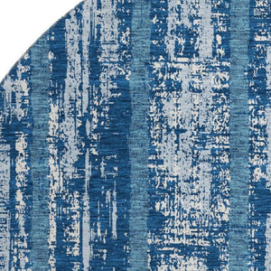 HomeRoots 8' Blue And Ivory Striped Round Rug - Washable, UV Protected, Ideal for Living Rooms and Patios 670865