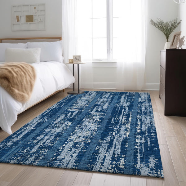 HomeRoots 10' Blue and Ivory Striped Washable Area Rug - UV Protected, Durable, Perfect for Family Spaces 670868