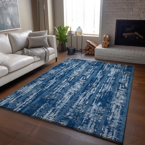 HomeRoots 10' Blue and Ivory Striped Washable Area Rug - UV Protected, Durable, Perfect for Family Spaces 670868