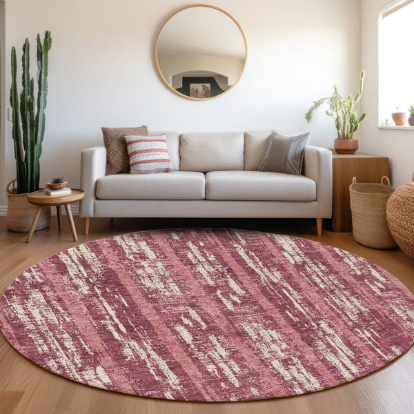 HomeRoots 8' Blush and Ivory Striped Washable Round Rug - UV Resistant, Durable, Ideal for High-Traffic Areas 670871