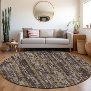 HomeRoots 8' Chocolate and Taupe Striped Washable Round Rug - Durable, Stain Resistant, UV Protected Design! 670877