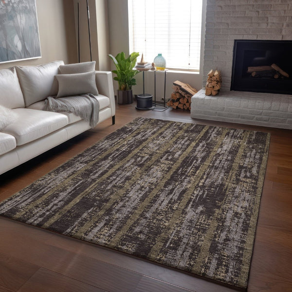 HomeRoots 9' X 12' Chocolate & Taupe Striped Washable Area Rug – Durable, UV Protected, Stain-Resistant Design! 670879