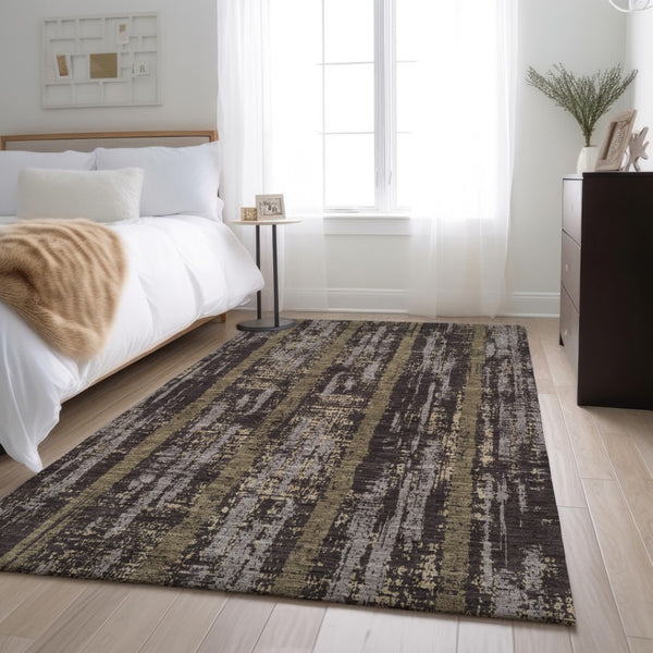 HomeRoots 10' X 14' Chocolate and Taupe Striped Area Rug - Washable, UV Protected, and Perfect for Busy Homes! 670880