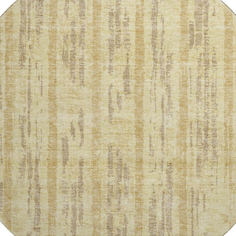 HomeRoots 8' Gold and Beige Striped Washable Round Rug - Durable, Stain-Resistant, UV Protected for High-Traffic Areas 670883