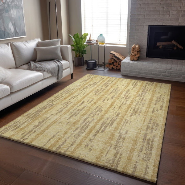 HomeRoots 10' X 14' Gold And Beige Striped Area Rug - Washable, UV Protected, Stain-Resistant, Family Friendly! 670886