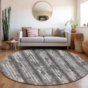 HomeRoots 8' Gray and Silver Striped Washable Round Rug with UV Protection for Stylish, Durable Living Spaces 670889