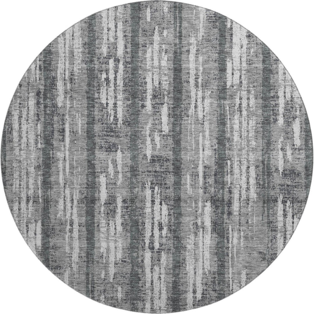 HomeRoots 8' Gray and Silver Striped Washable Round Rug with UV Protection for Stylish, Durable Living Spaces 670889