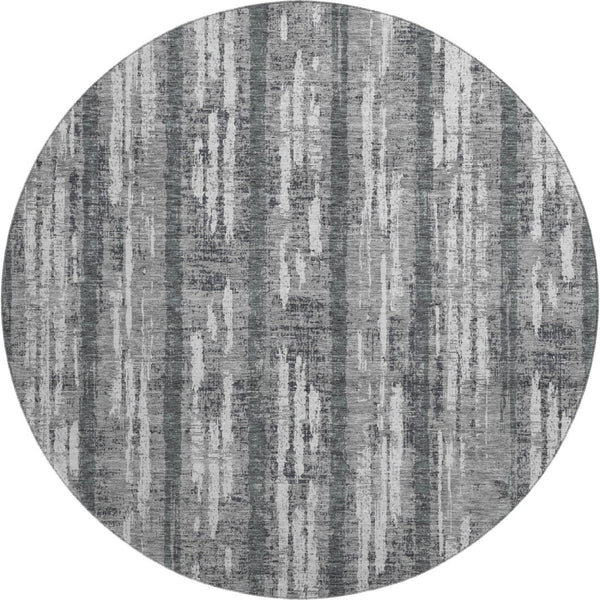 HomeRoots 8' Gray and Silver Striped Washable Round Rug with UV Protection for Stylish, Durable Living Spaces 670889