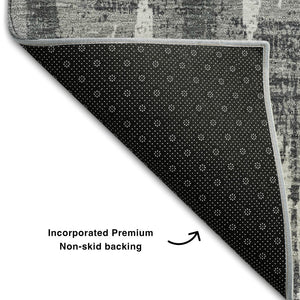 HomeRoots 8' Gray and Silver Striped Washable Round Rug with UV Protection for Stylish, Durable Living Spaces 670889