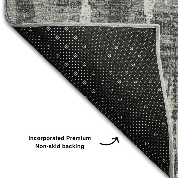 HomeRoots 8' Gray and Silver Striped Washable Round Rug with UV Protection for Stylish, Durable Living Spaces 670889