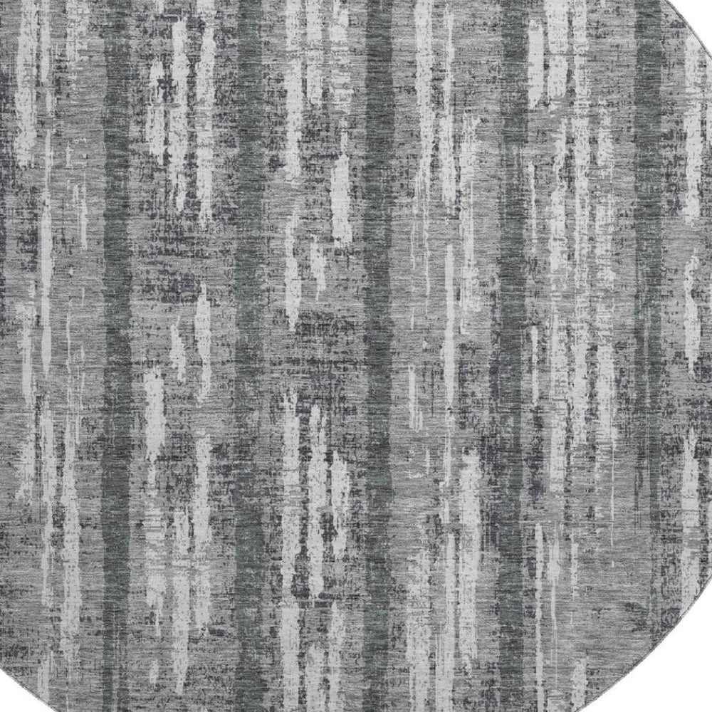 HomeRoots 8' Gray and Silver Striped Washable Round Rug with UV Protection for Stylish, Durable Living Spaces 670889