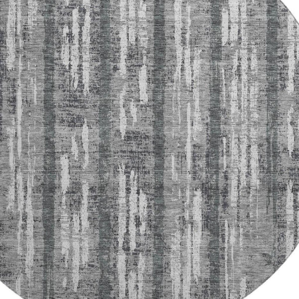 HomeRoots 8' Gray and Silver Striped Washable Round Rug with UV Protection for Stylish, Durable Living Spaces 670889