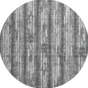 HomeRoots 8' Gray and Silver Striped Washable Round Rug with UV Protection for Stylish, Durable Living Spaces 670889