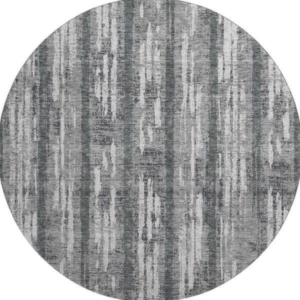 HomeRoots 8' Gray and Silver Striped Washable Round Rug with UV Protection for Stylish, Durable Living Spaces 670889