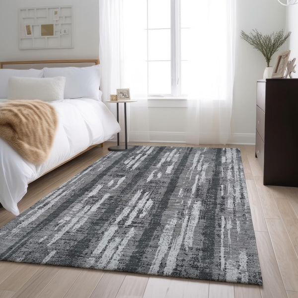 HomeRoots 8' X 10' Gray and Silver Striped Area Rug - Washable, UV Protected, Durable Design for Any Space 670890