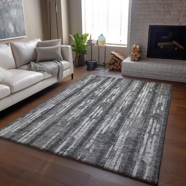 HomeRoots 8' X 10' Gray and Silver Striped Area Rug - Washable, UV Protected, Durable Design for Any Space 670890